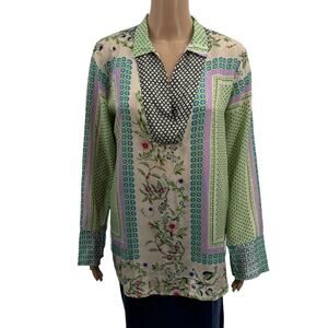 Johnny Was Silk Multi Pattern Collared Long Sleeve Blouse S